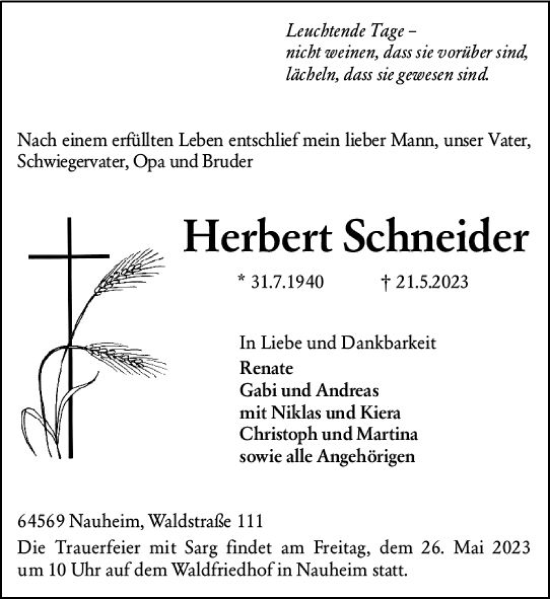 Traueranzeige von Herbert Schneider von Rüsselsheimer Echo