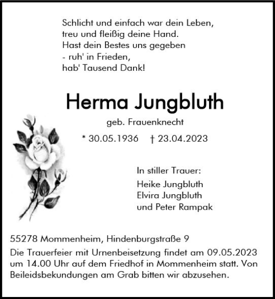 Traueranzeige von Herma Jungbluth von Allgemeine Zeitung Mainz