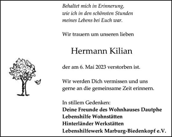 Traueranzeige von Hermann Kilian von Hinterländer Anzeiger