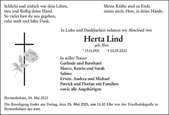 Traueranzeige von Herta Lind von VRM Trauer