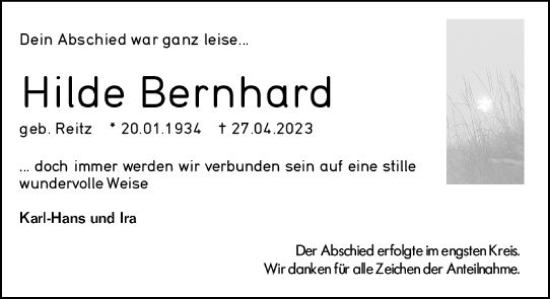 Traueranzeige von Hilde Bernhard von Rüsselsheimer Echo