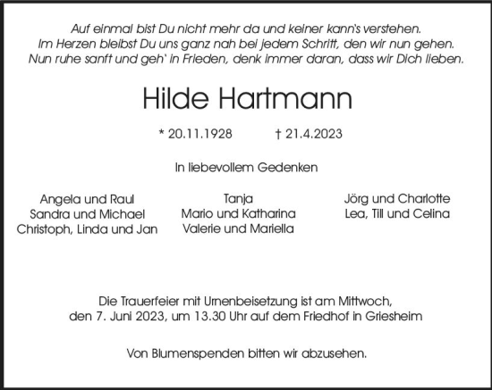 Traueranzeige von Hilde Hartmann von Darmstädter Echo