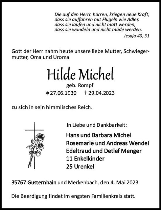 Traueranzeige von Hilde Michel von Dill Block