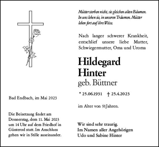 Traueranzeige von Hildegard Hinter von Hinterländer Anzeiger