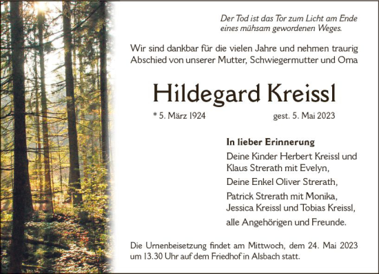 Traueranzeige von Hildegard Kreissl von Darmstädter Echo