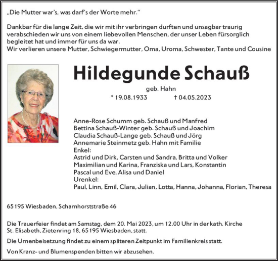 Traueranzeige von Hildegunde Schauß von Wiesbadener Kurier