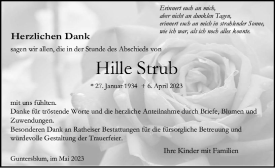 Traueranzeige von Hille Strub von Allgemeine Zeitung Mainz