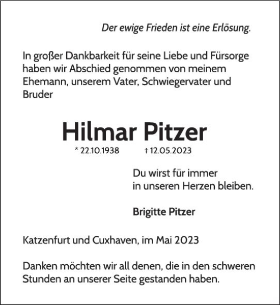 Traueranzeige von Hilmar Pitzer von Wetzlarer Neue Zeitung