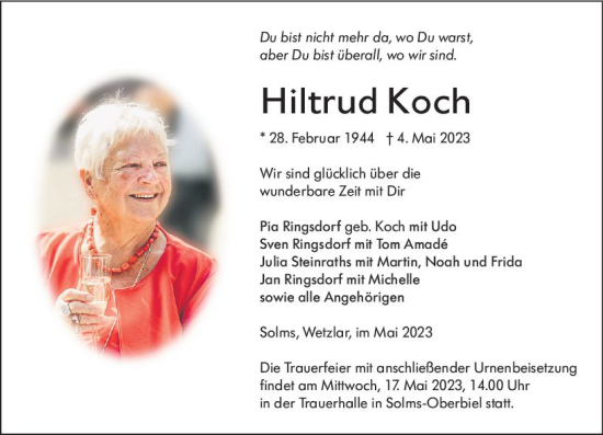 Traueranzeige von Hiltrud Koch von Wetzlarer Neue Zeitung