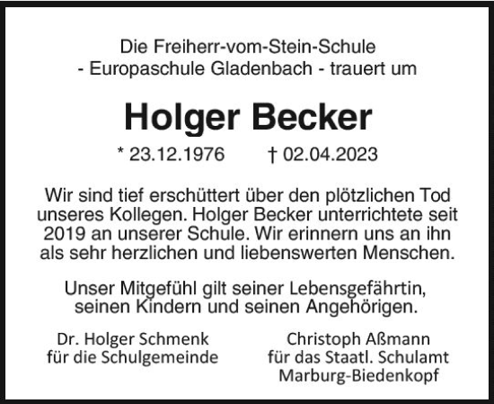 Traueranzeige von Holger Becker von Hinterländer Anzeiger