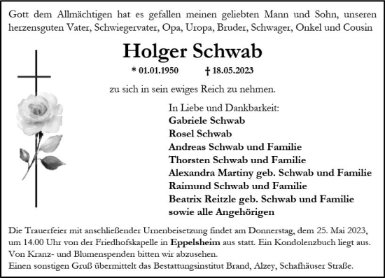 Traueranzeige von Holger Schwab von Allgemeine Zeitung Alzey