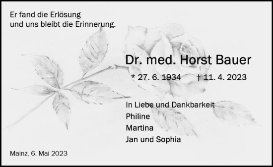Traueranzeige von Horst Bauer von Allgemeine Zeitung Mainz