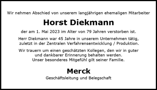 Traueranzeige von Horst Diekmann von Darmstädter Echo