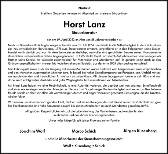 Traueranzeige von Horst Lanz von VRM Trauer