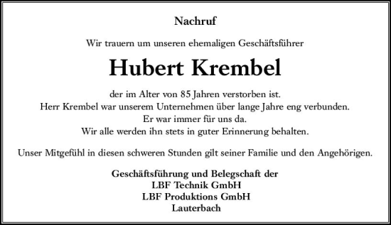 Traueranzeige von Hubert Krembel von VRM Trauer