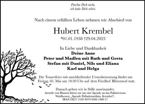 Traueranzeige von Hubert Krembel von VRM Trauer