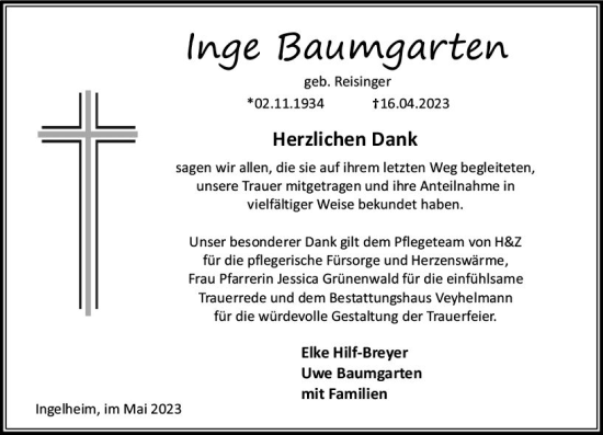 Traueranzeige von Inge Baumgarten von Allgemeine Zeitung Bingen/Ingelheim