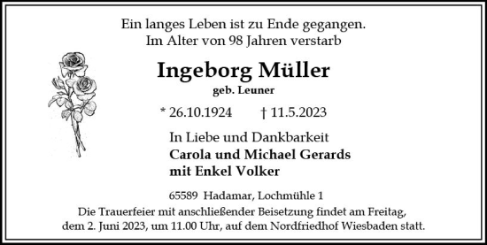 Traueranzeige von Ingeborg Müller von Wiesbadener Kurier