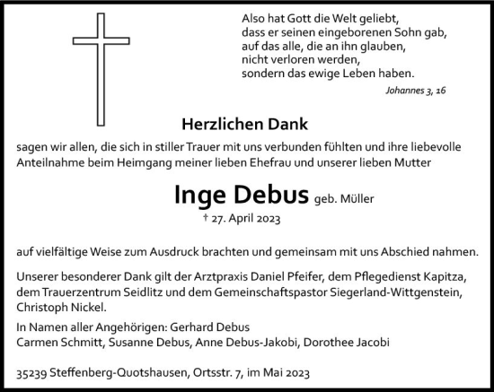 Traueranzeige von Inge Debus Müller von Hinterländer Anzeiger