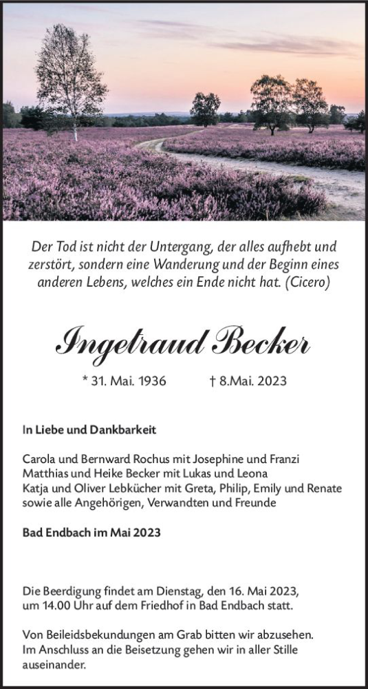 Traueranzeige von Ingetraud Becker von Hinterländer Anzeiger Traueranzeige von Ingetraud Becker von Hinterländer Anzeiger