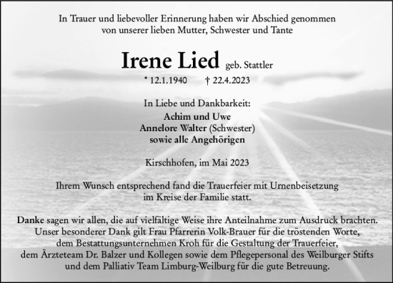 Traueranzeige von Irene Lied von Weilburger Tageblatt
