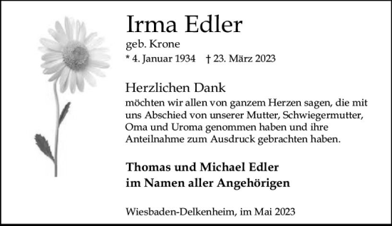 Traueranzeige von Irma Edler von Wiesbadener Kurier