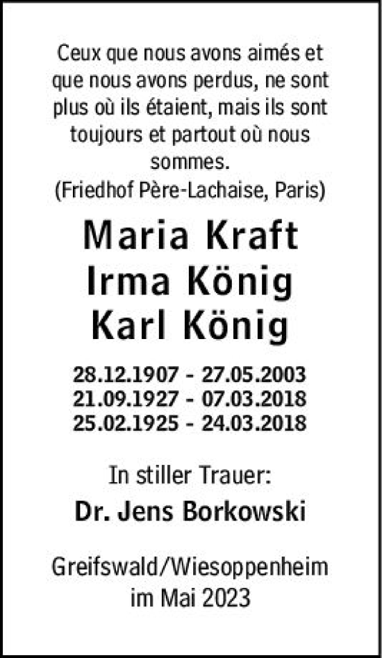 Traueranzeige von Irma König von Wormser Zeitung