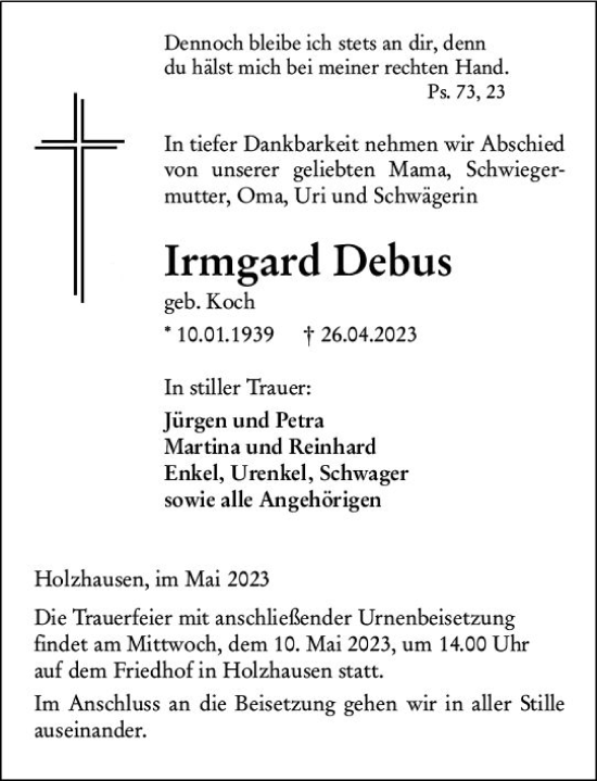 Traueranzeige von Irmgard Debus von Hinterländer Anzeiger
