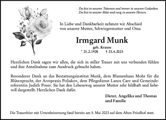 Traueranzeige von Irmgard Munk von Hochheimer Zeitung