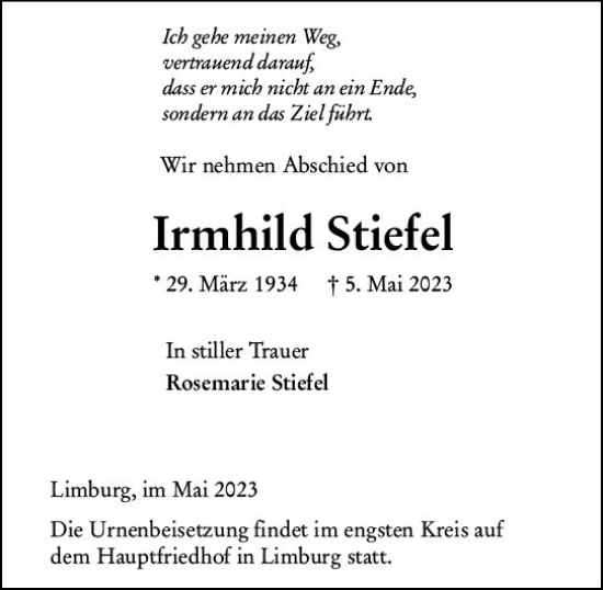Traueranzeige von Irmhild Stiefel von Nassauische Neue Presse