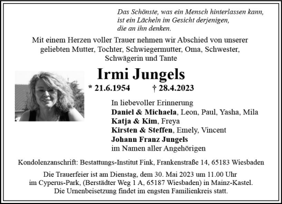 Traueranzeige von Irmi Jungeis von Wiesbadener Kurier