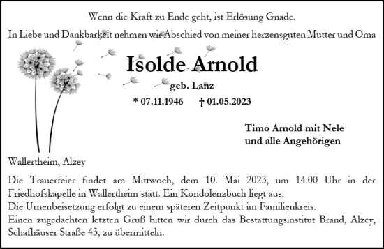Traueranzeige von Isolde Arnold von Allgemeine Zeitung Alzey