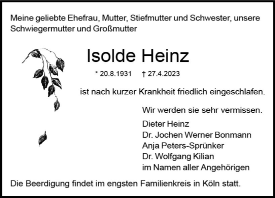 Traueranzeige von Isolde Heinz von Dieburger Anzeiger/Groß-Zimmerner Lokal-Anzeiger