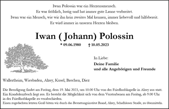 Traueranzeige von Iwan Polossin von Allgemeine Zeitung Bad Kreuznach