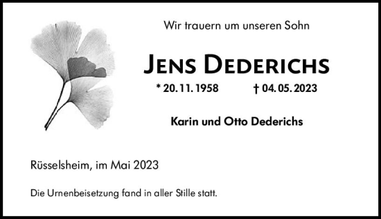 Traueranzeige von Jens Dederichs von Rüsselsheimer Echo