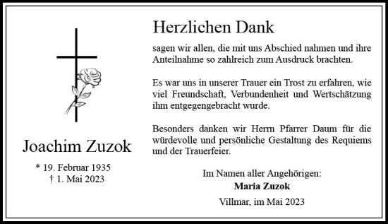Traueranzeige von Joachim Zuzok von Weilburger Tageblatt