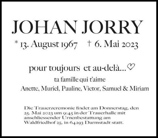 Traueranzeige von Johan Jorry von Darmstädter Echo