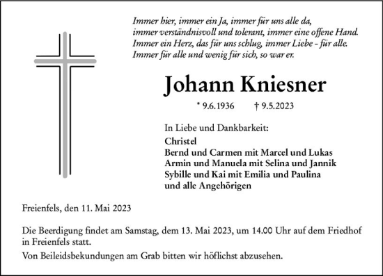 Traueranzeige von Johann Kniesner von Weilburger Tageblatt