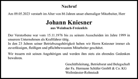 Traueranzeige von Johann Kniesner von Weilburger Tageblatt