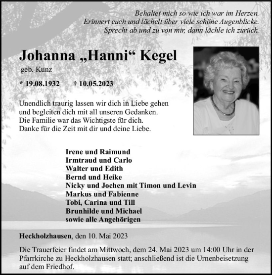 Traueranzeige von Johanna Kegel von Weilburger Tageblatt