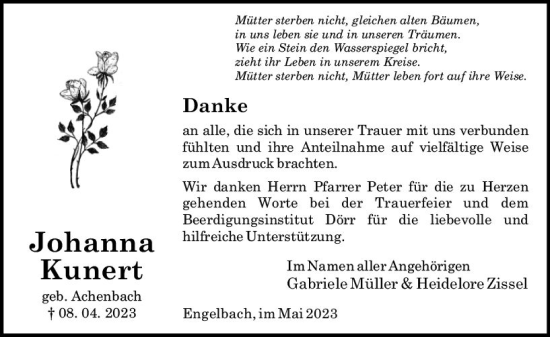 Traueranzeige von Johanna Kunert von Hinterländer Anzeiger