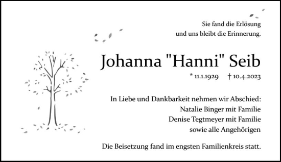 Traueranzeige von Johanna Seib von Allgemeine Zeitung Mainz