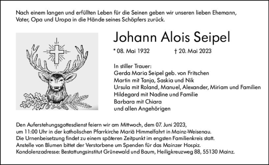 Traueranzeige von Johann Alois Seipel von Allgemeine Zeitung Mainz