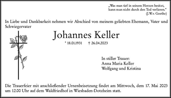 Traueranzeige von Johannes Keller von Wiesbadener Kurier