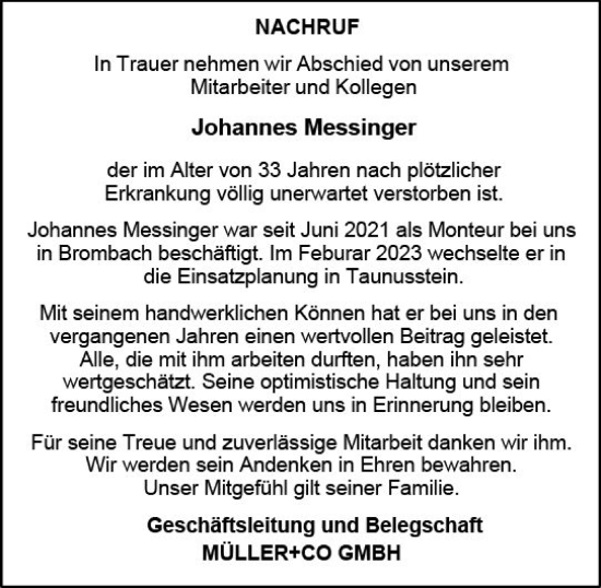 Traueranzeige von Johannes Messinger von Weilburger Tageblatt