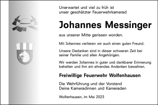 Traueranzeige von Johannes Messinger von Weilburger Tageblatt