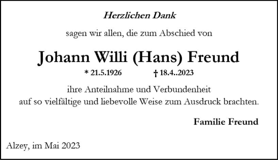 Traueranzeige von Johann Willi  Freund von Allgemeine Zeitung Alzey