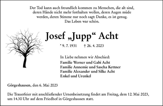 Traueranzeige von Josef  Acht von Nassauische Neue Presse