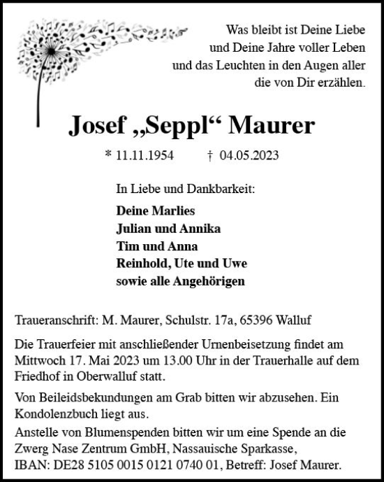 Traueranzeige von Josef Maurer von Wiesbadener Kurier