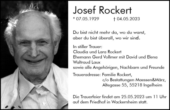 Traueranzeige von Josef Rockert von Allgemeine Zeitung Bingen/Ingelheim